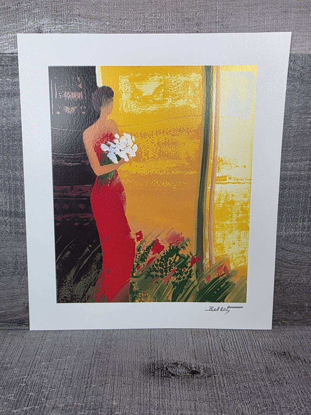 Emile Bellet: Pleine Floraison Seriolithograph Woman in Red Dress Flowers 197.10